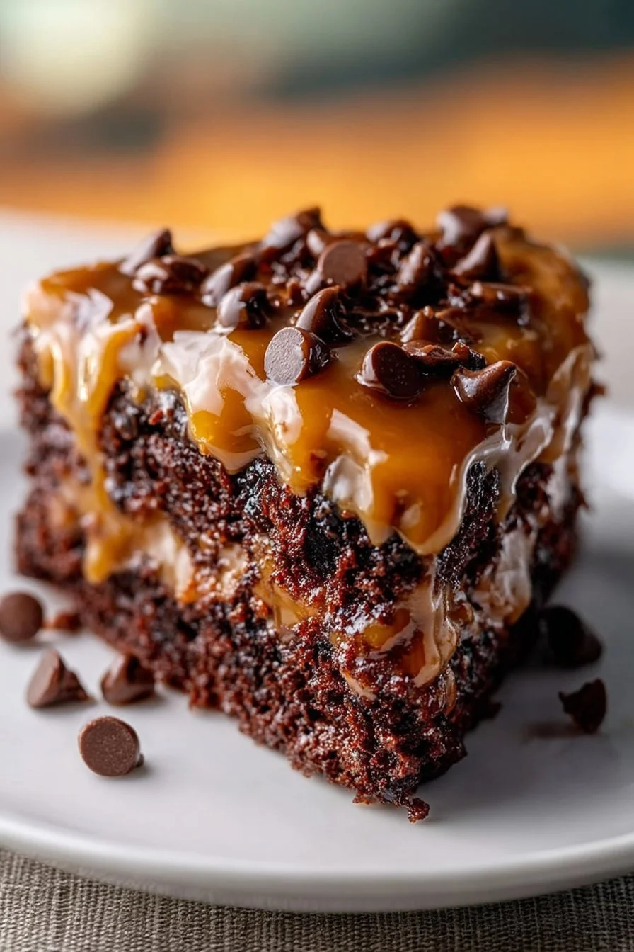Moist German Chocolate Poke Cake topped with coconut and pecan frosting
