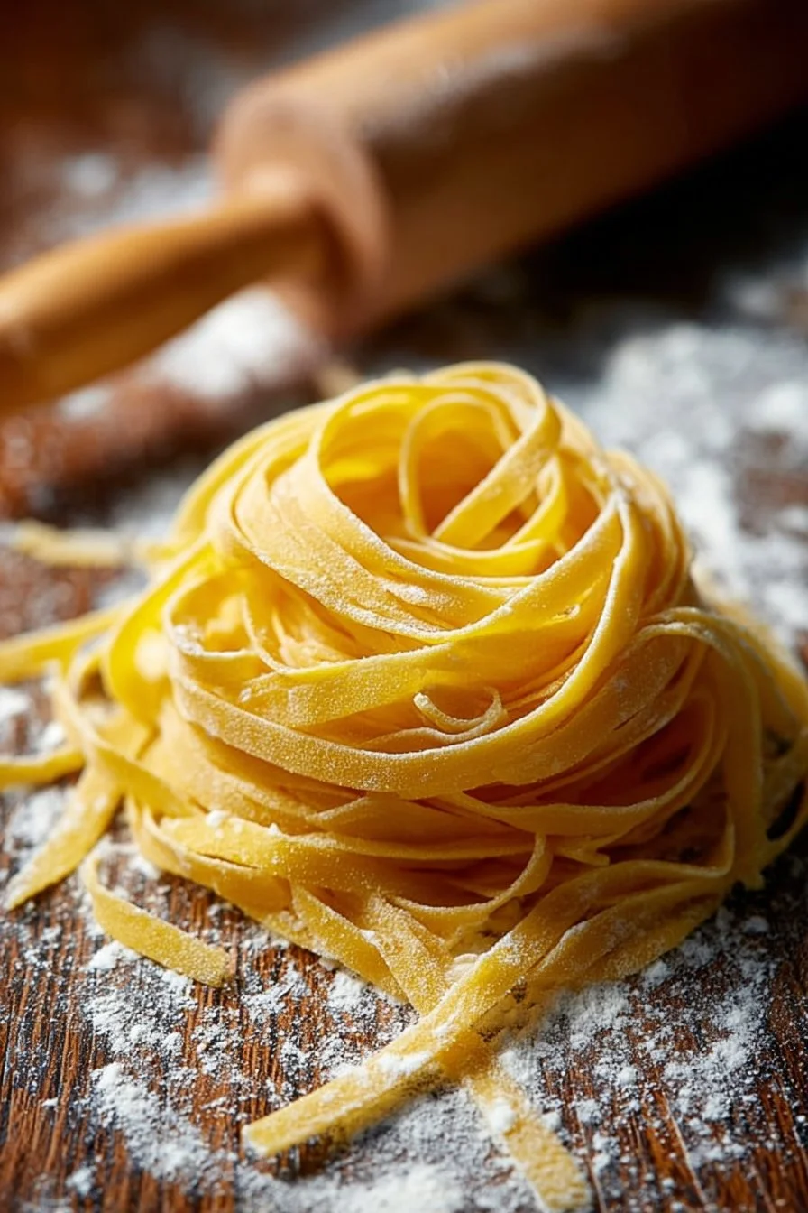 Gordon Ramsay preparing homemade pasta with fresh ingredients and tools.