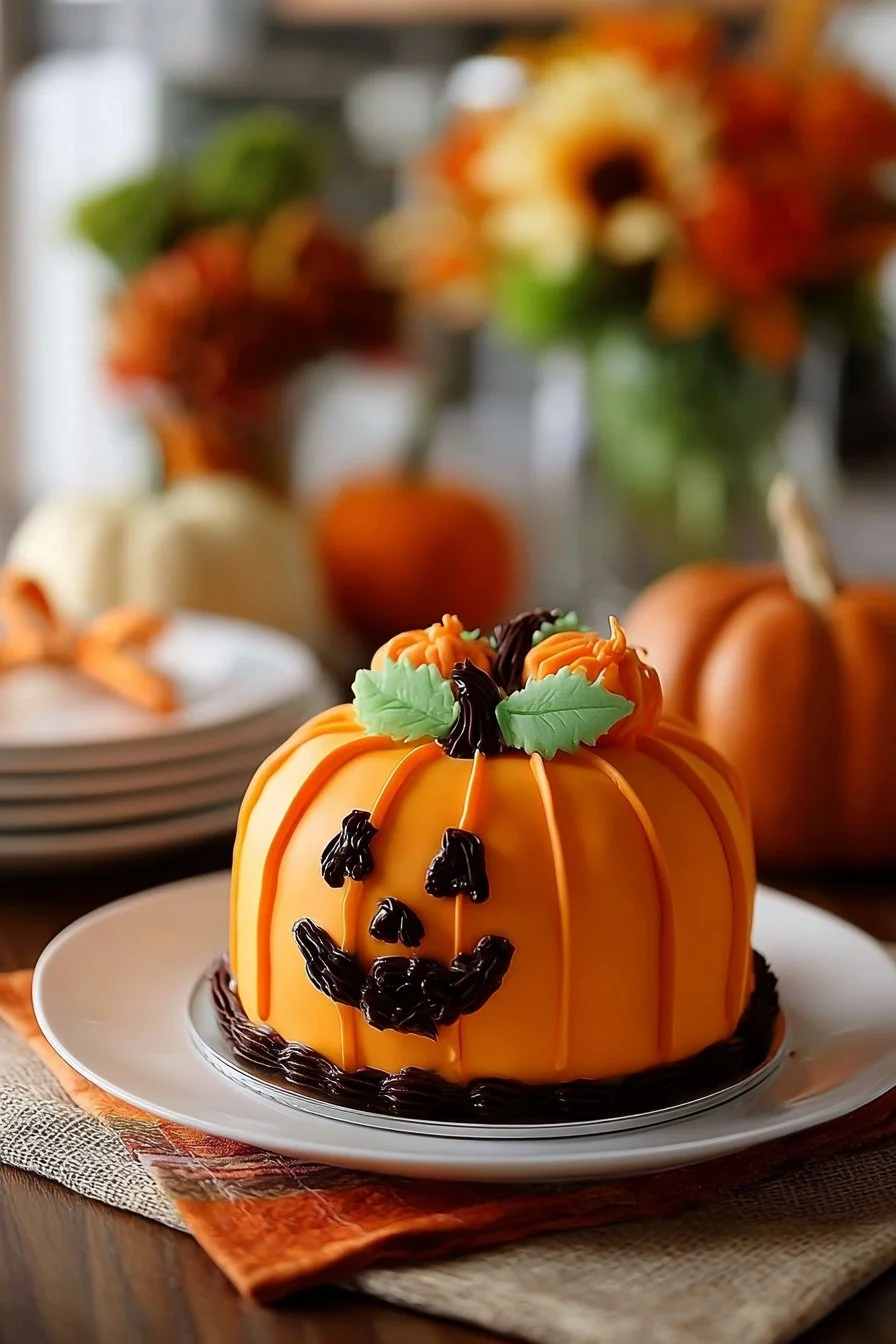 A spooky Halloween Cake decorated with spiders, pumpkins, and ghosts.