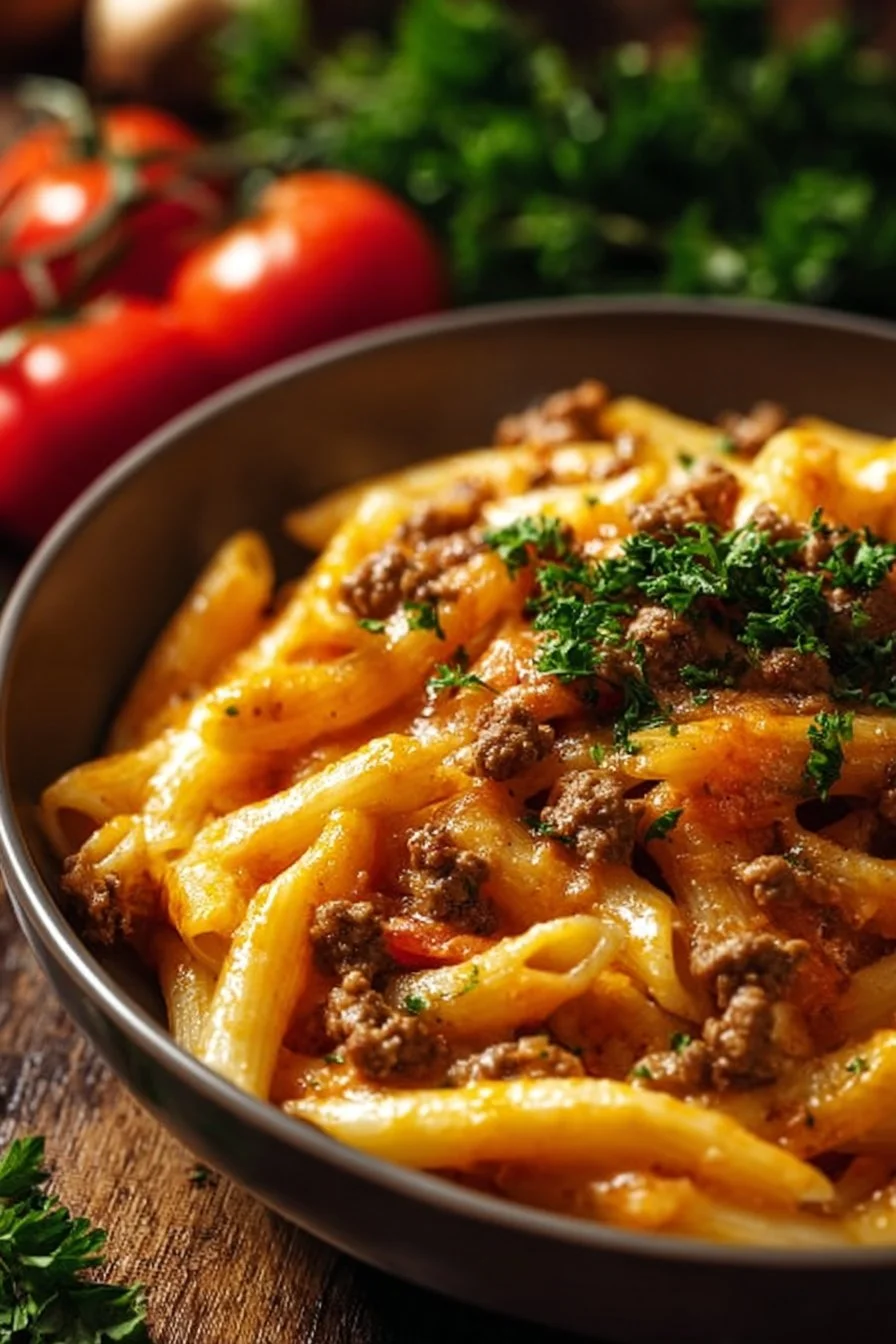 Creamy beef pasta dish high in protein, garnished with herbs.