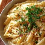 One Pot Creamy Garlic Pasta in a bowl garnished with herbs