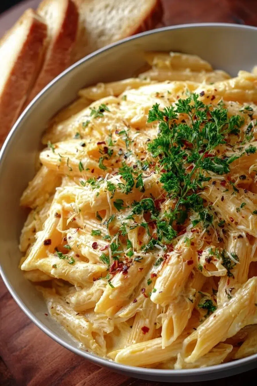One Pot Creamy Garlic Pasta in a bowl garnished with herbs