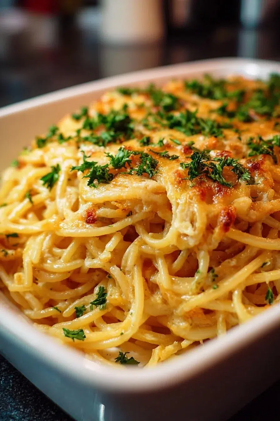 Spicy Southern Cheesy Chicken Spaghetti Casserole with cheese and spices