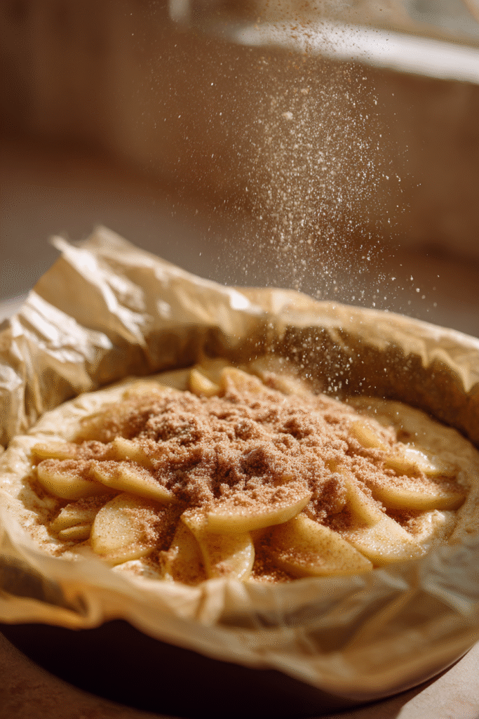 Layering apple slices and crumble while preparing Cinnamon Apple Crumble Cake in a baking pan