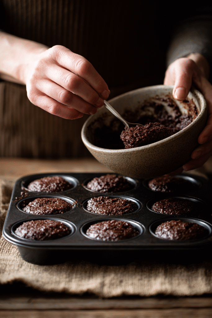 Chocolate Date Bran Muffins batter in tin