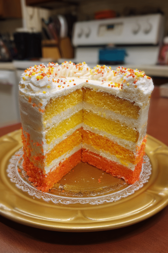Candy Corn Layer Cake being stacked and crumb-coated