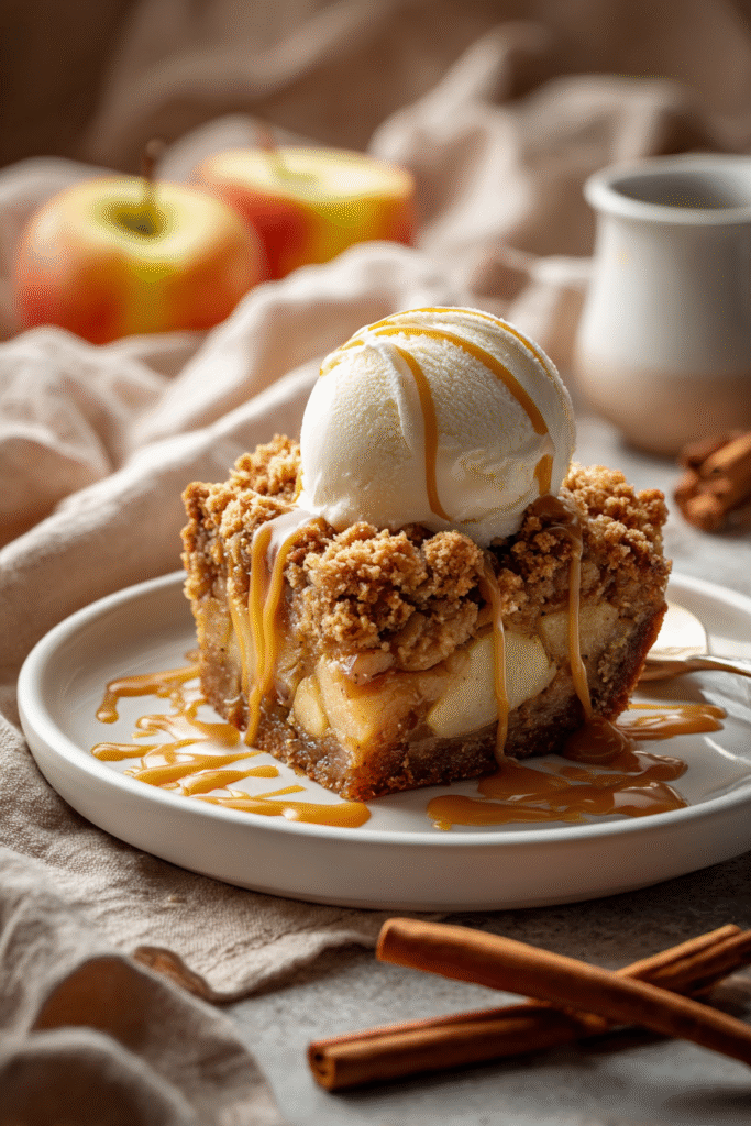 Slice of Cinnamon Apple Crumble Cake served with caramel drizzle and vanilla ice cream.