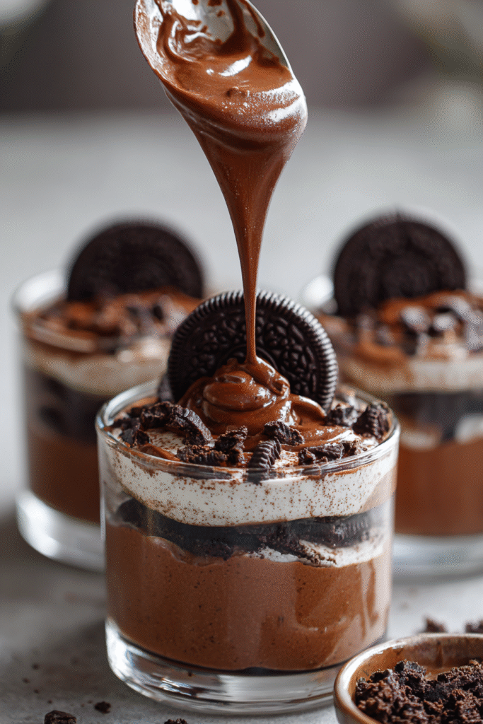 assemble chocolate oreo graveyard pudding cups