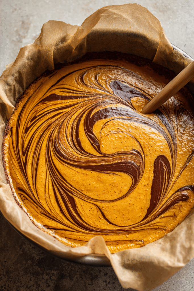 swirling pumpkin cheesecake into brownie batter