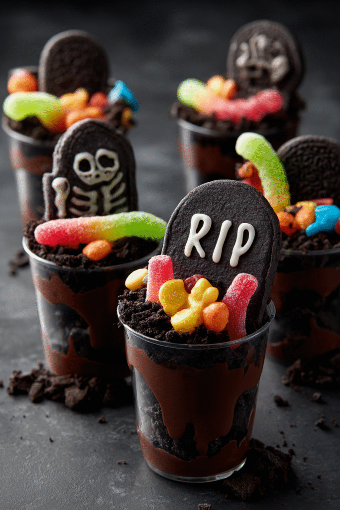 final chocolate oreo graveyard pudding cups with tombstones
