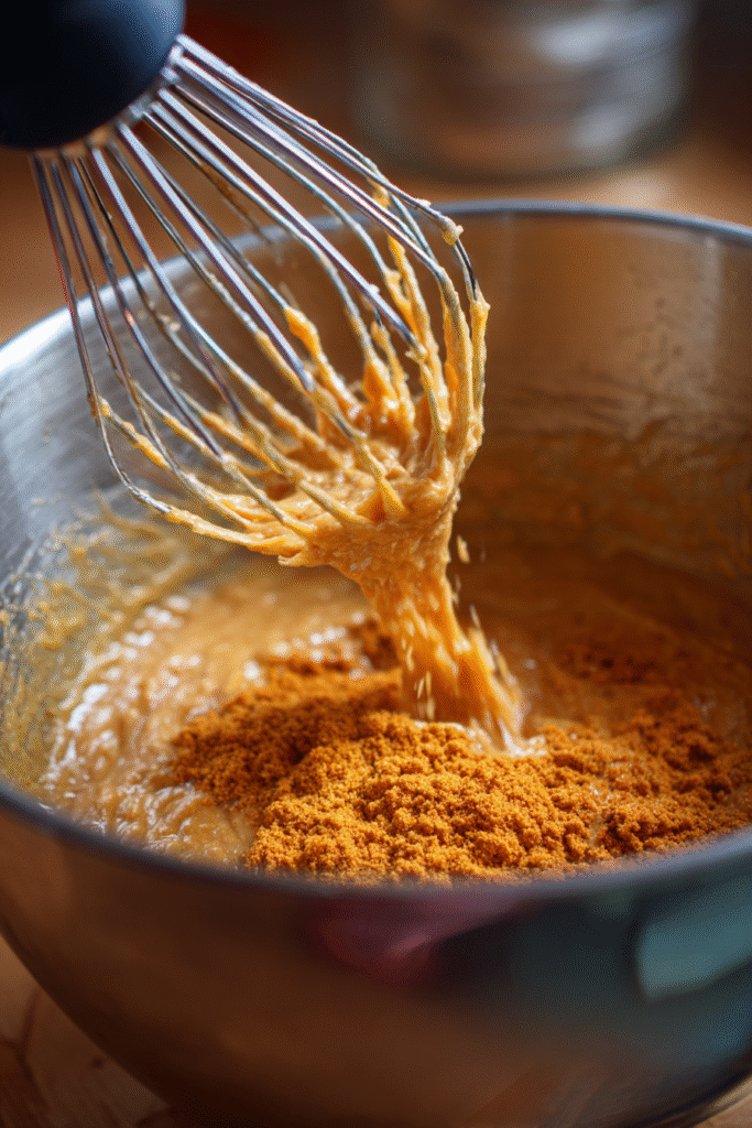 carrot spice loaf batter being stirred in a bowl