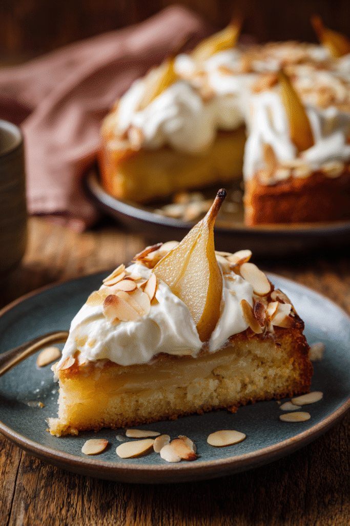 Pear and Almond Cake with Cream Topping on rustic table