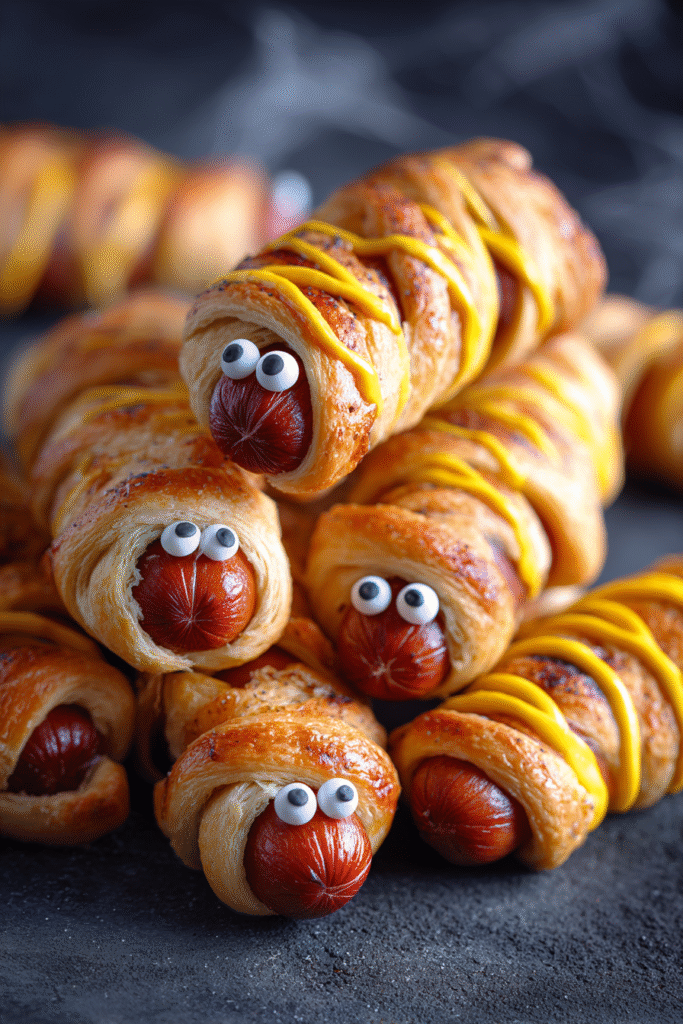 finished mummy hot dog pastry wraps with dips
