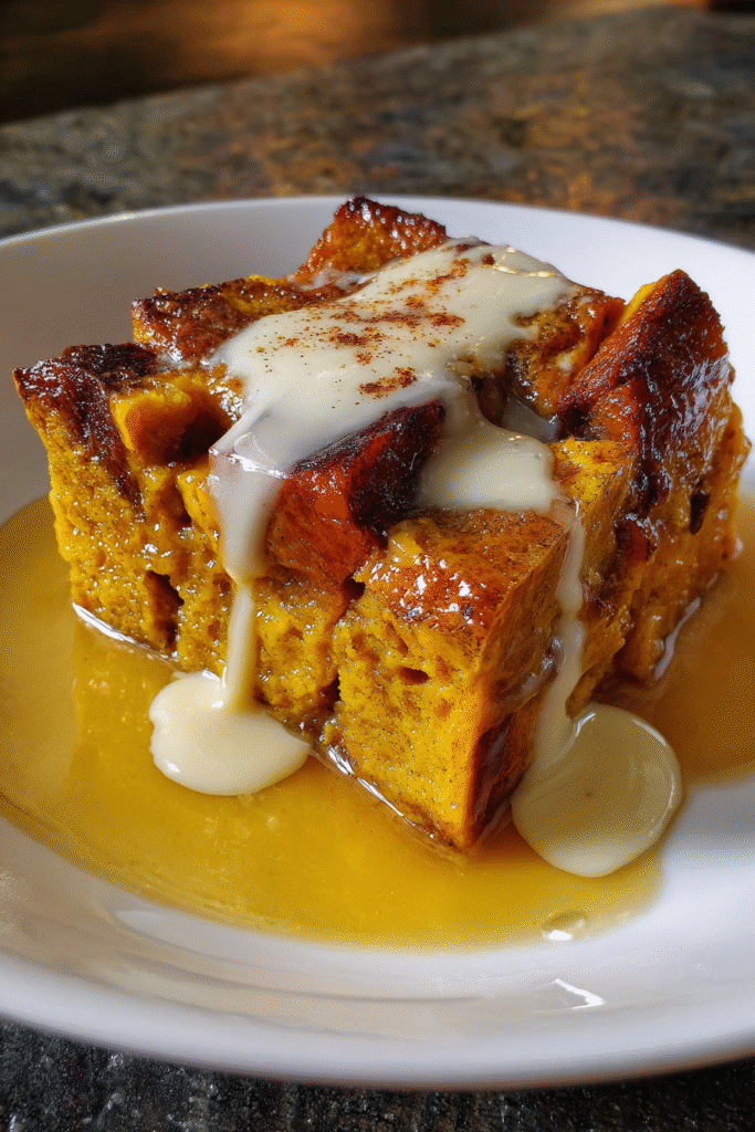 Bread cubes soaking in pumpkin custard for bread pudding with glaze