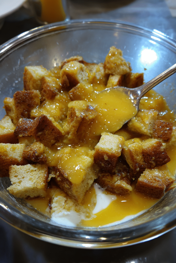 Pumpkin Bread Pudding with glaze in a white dish, drizzled vanilla glaze
