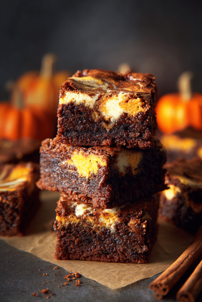 stacked pumpkin cheesecake swirl brownies with bold marbling