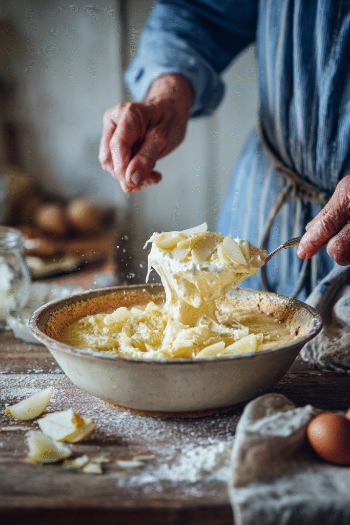 Mixing pears into almond cake batter step-by-step