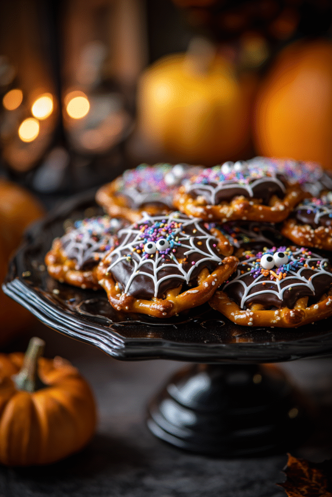 finished halloween chocolate pretzel spider webs on a platter