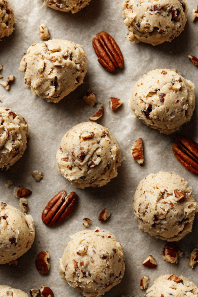 Maple Pecan Cookie dough with toasted pecans on baking sheet
