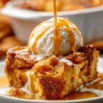 Pumpkin Bread Pudding with glaze in a white dish, drizzled vanilla glaze
