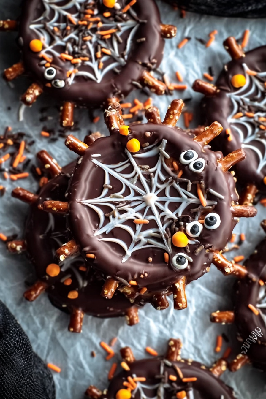 halloween chocolate pretzel spider webs on parchment