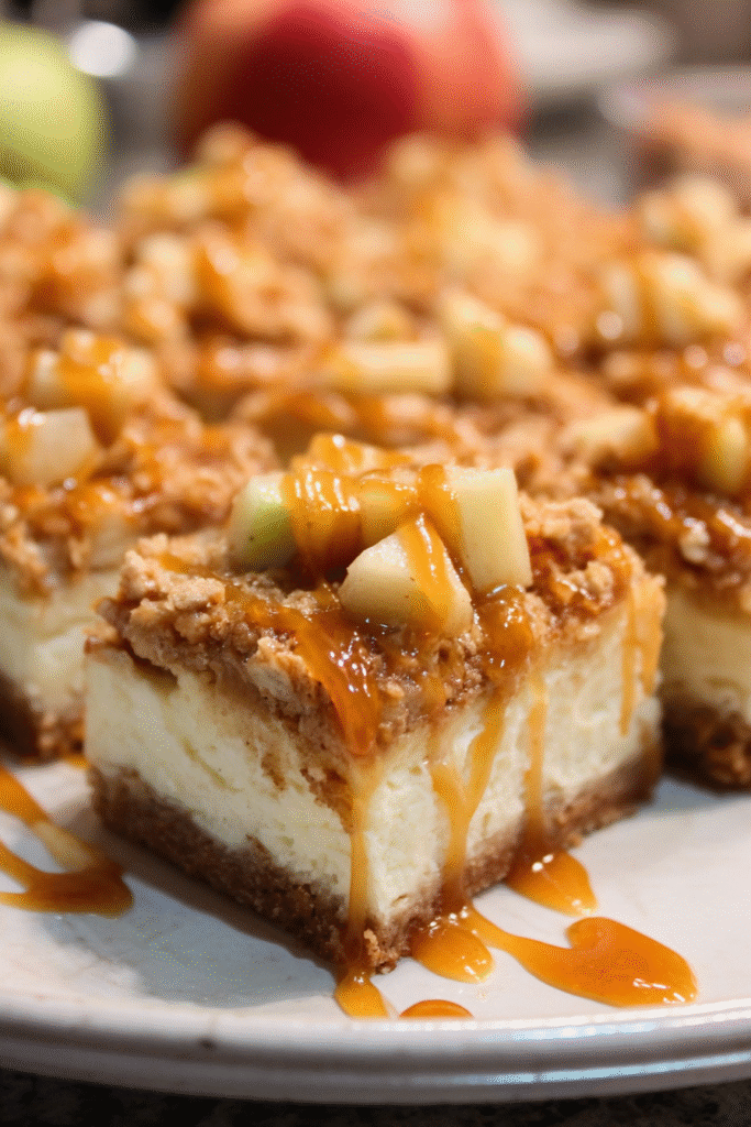sliced caramel apple cheesecake bars with sea salt