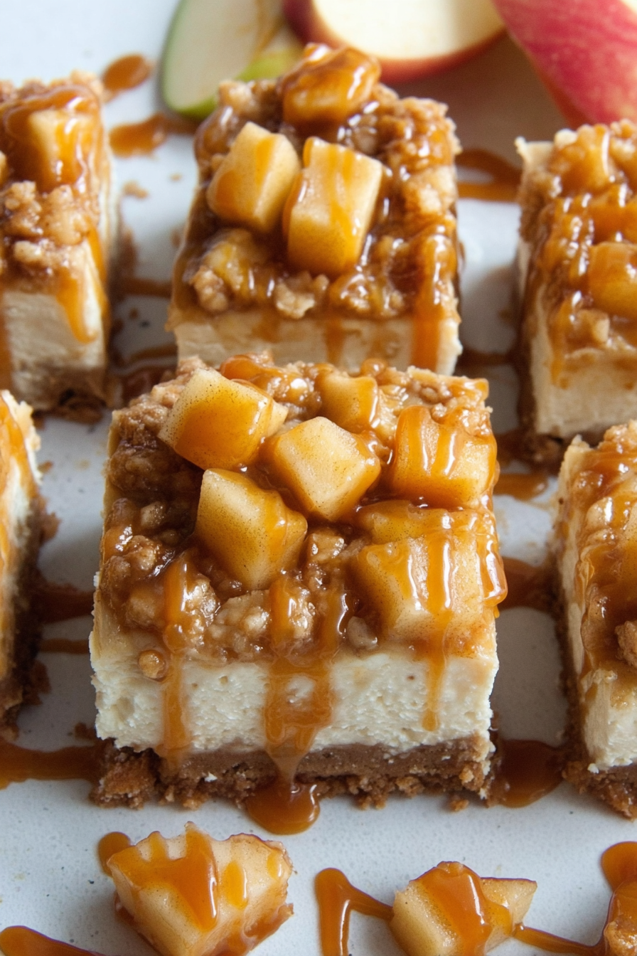 caramel apple cheesecake bars on tray with caramel drizzle