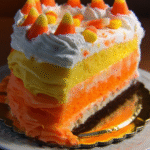 Slice of Candy Corn Layer Cake with yellow, orange, and white stripes