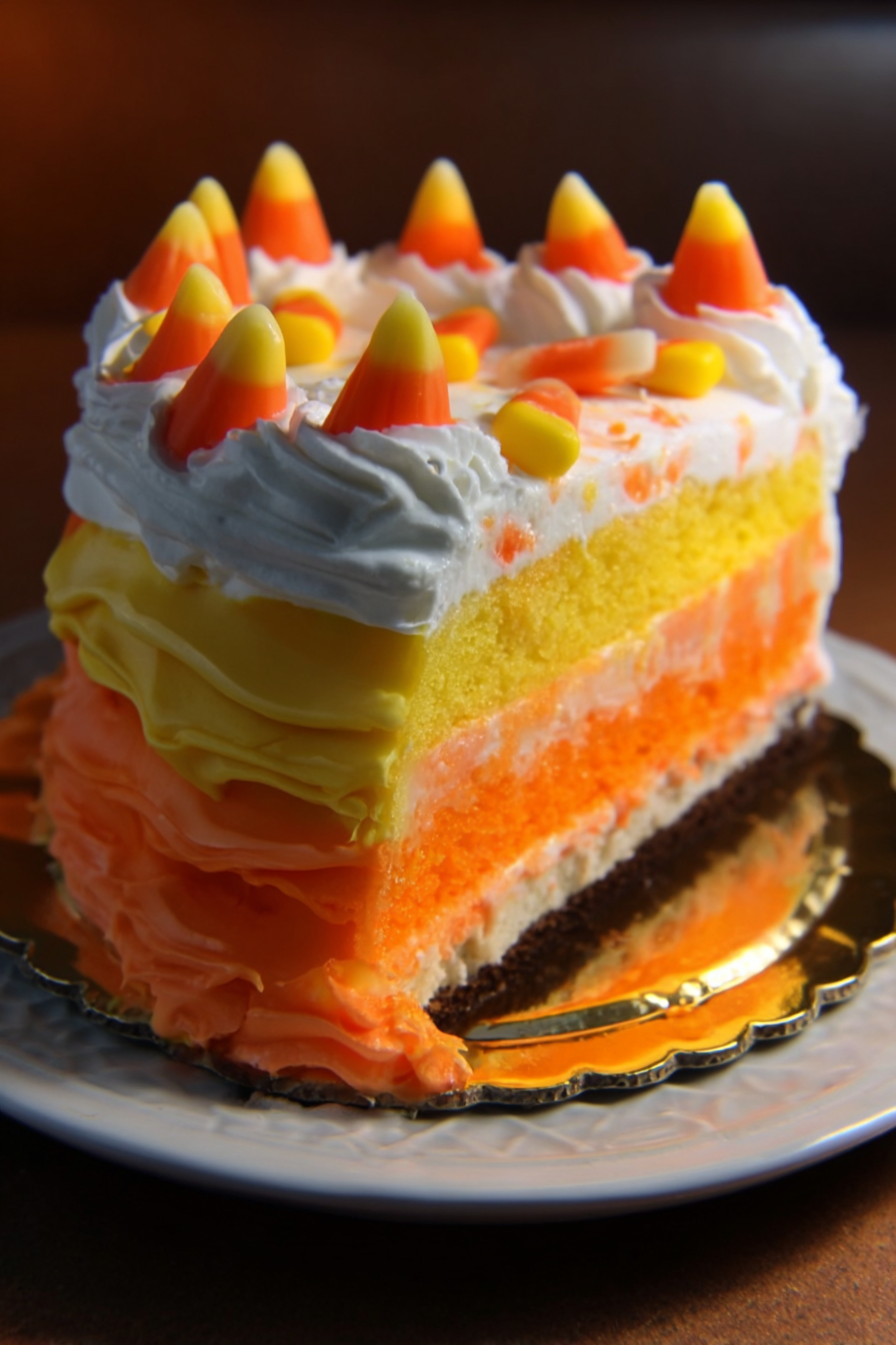 Slice of Candy Corn Layer Cake with yellow, orange, and white stripes