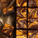 pumpkin cheesecake swirl brownies in pan with marbling