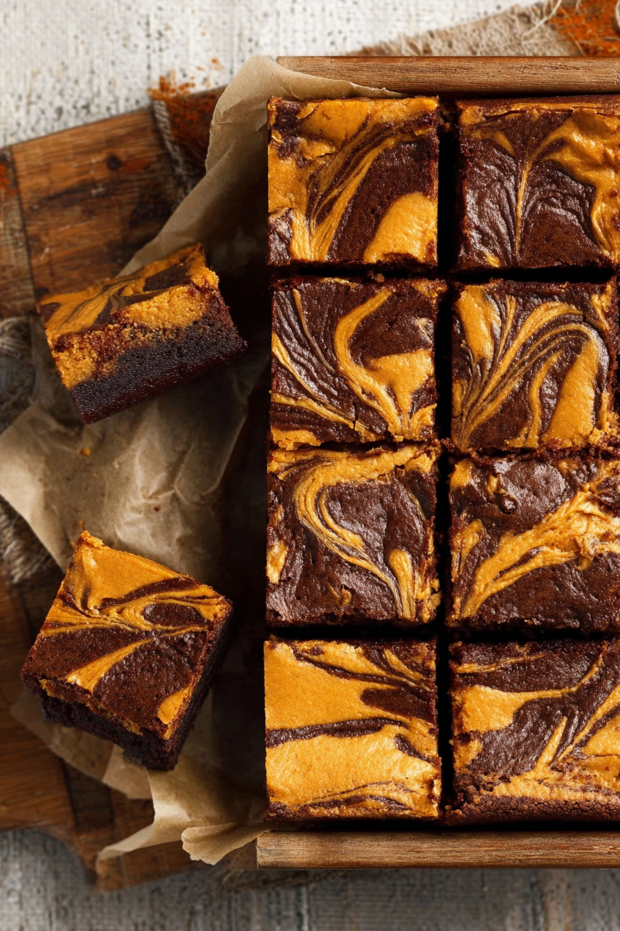 pumpkin cheesecake swirl brownies in pan with marbling