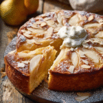 Pear and Almond Cake with Cream Topping dessert on wooden table