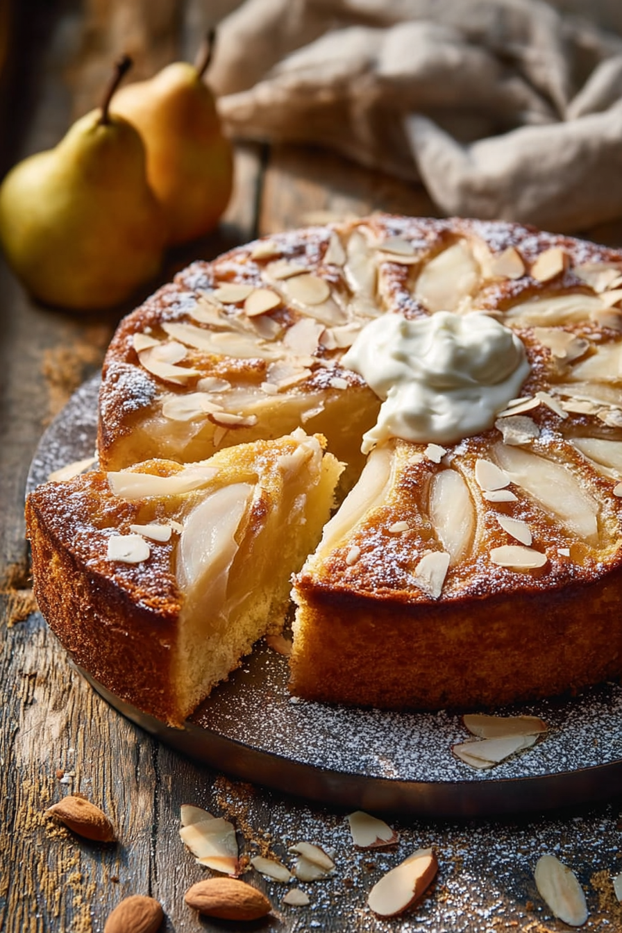 Pear and Almond Cake with Cream Topping dessert on wooden table
