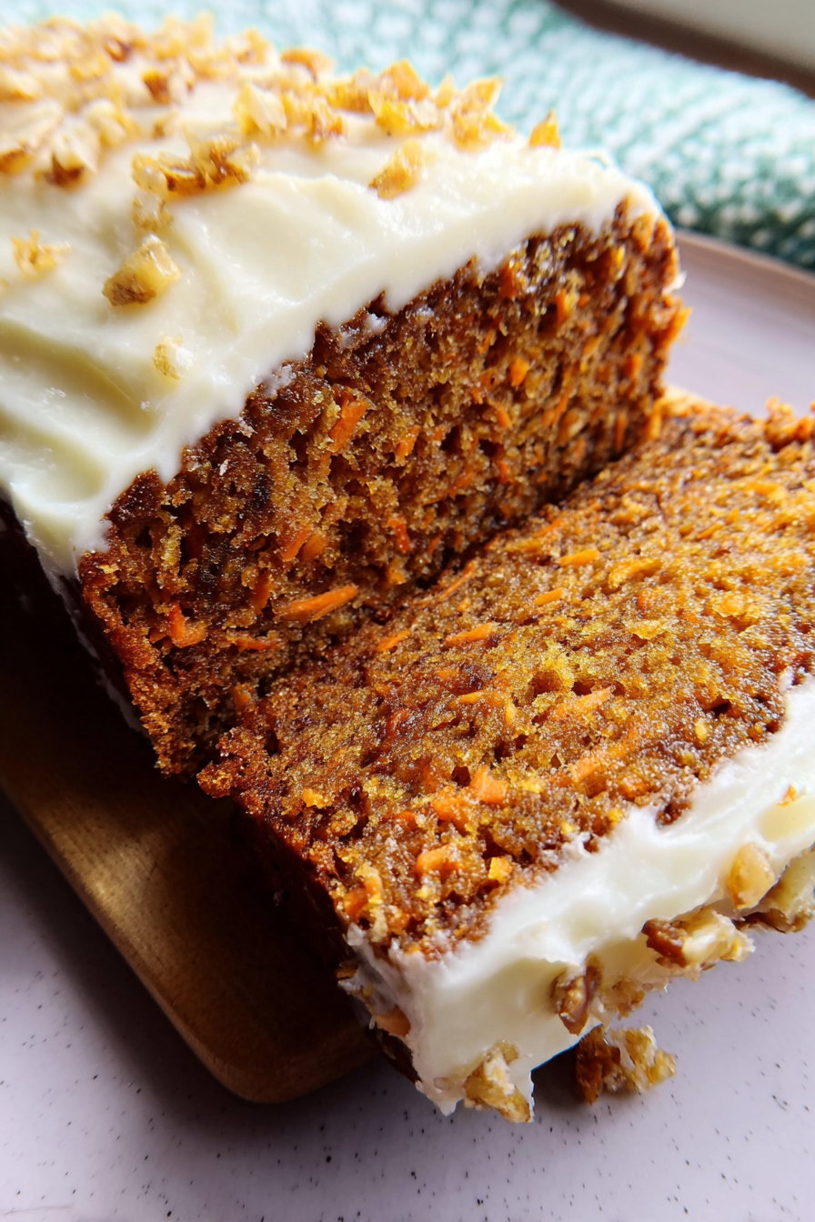 carrot spice loaf with cream cheese frosting on a cooling rack