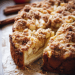 Cinnamon Apple Crumble Cake with golden crumble topping and baked apples on a rustic table.