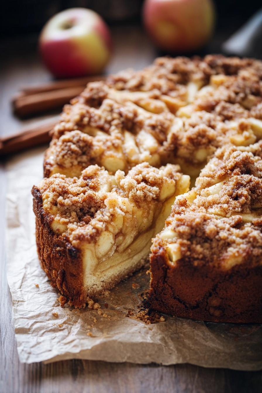 Cinnamon Apple Crumble Cake with golden crumble topping and baked apples on a rustic table.