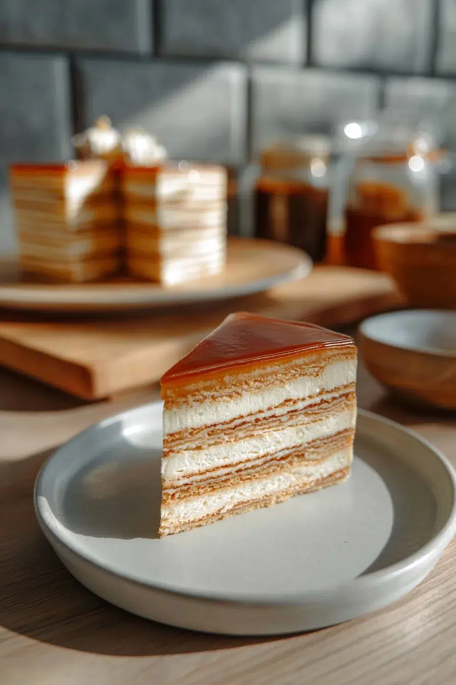A layered Vanilla & Speculoos Crêpe Cake showcasing delicate crêpes and rich flavors.