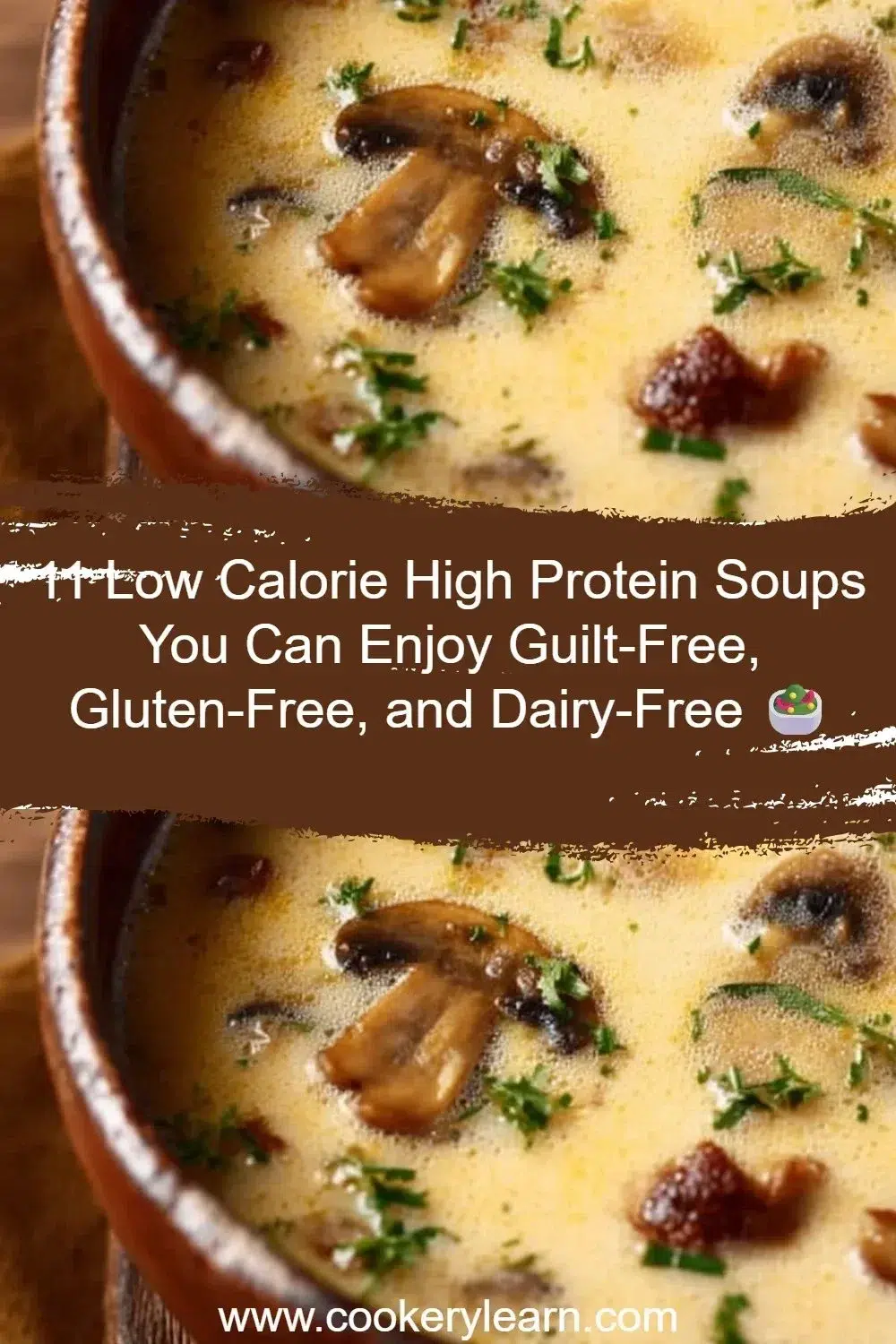 Bowl of low calorie high protein soup with fresh vegetables and herbs