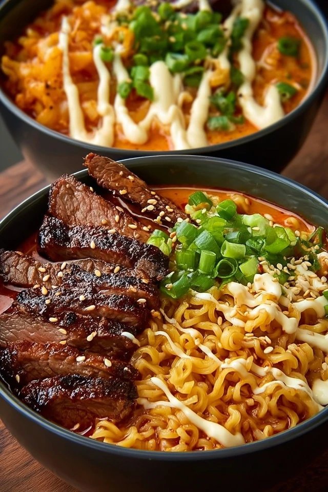 Spicy Korean Ramen with Grilled Beef & Creamy Sauce