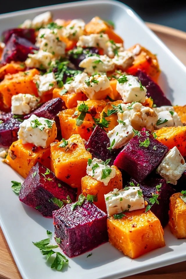 Roasted Beet and Sweet Potato Salad with Feta and Yogurt Dressing