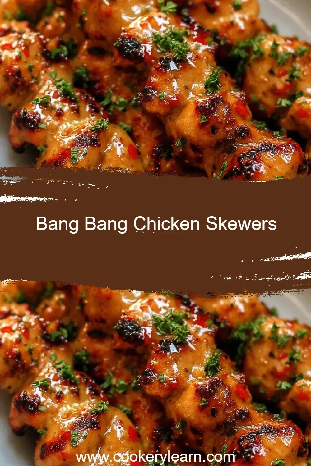 Bang Bang Chicken Skewers with spicy sauce and garnishes on a plate.