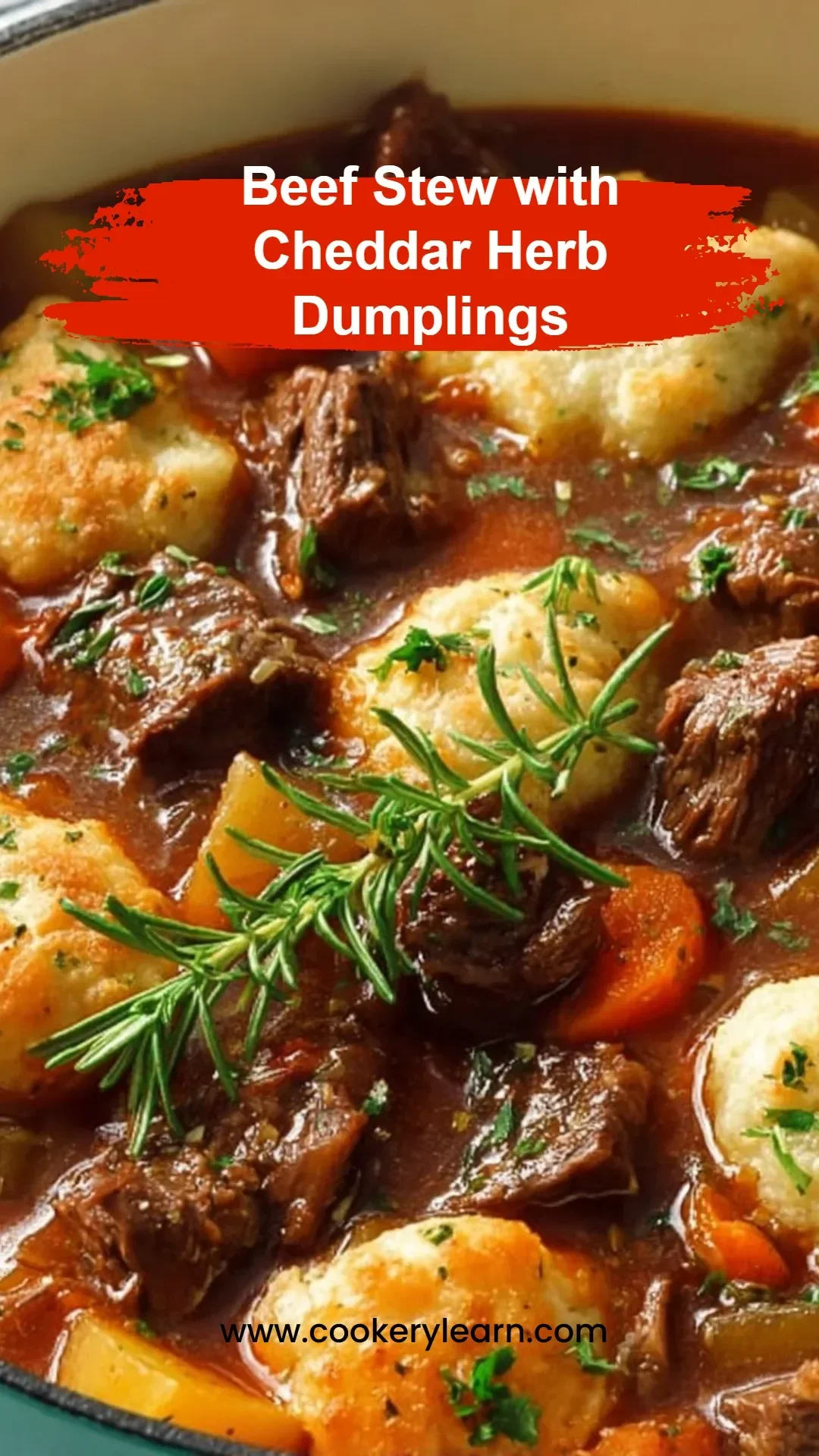 Delicious beef stew topped with cheddar herb dumplings in a rustic bowl.