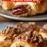 Buttery pecan pie crescent rolls with caramel glaze and toasted pecans
