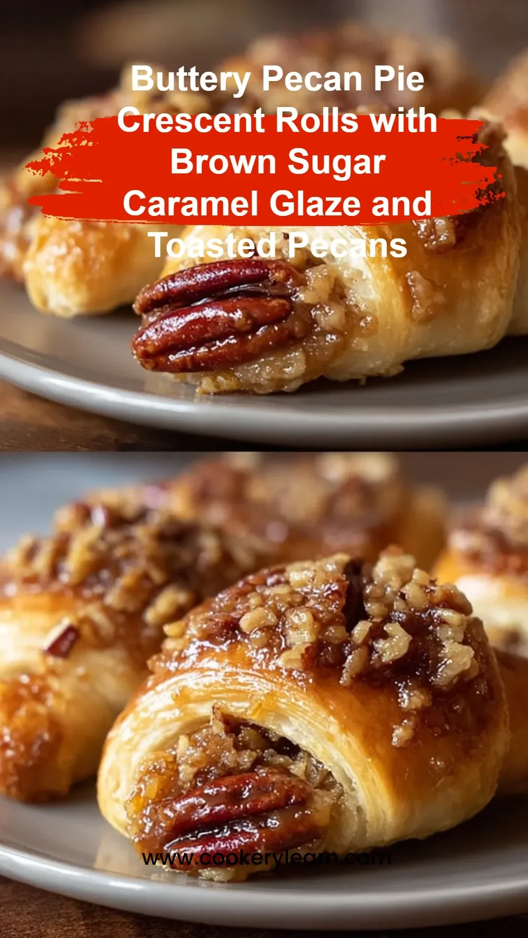 Buttery pecan pie crescent rolls with caramel glaze and toasted pecans