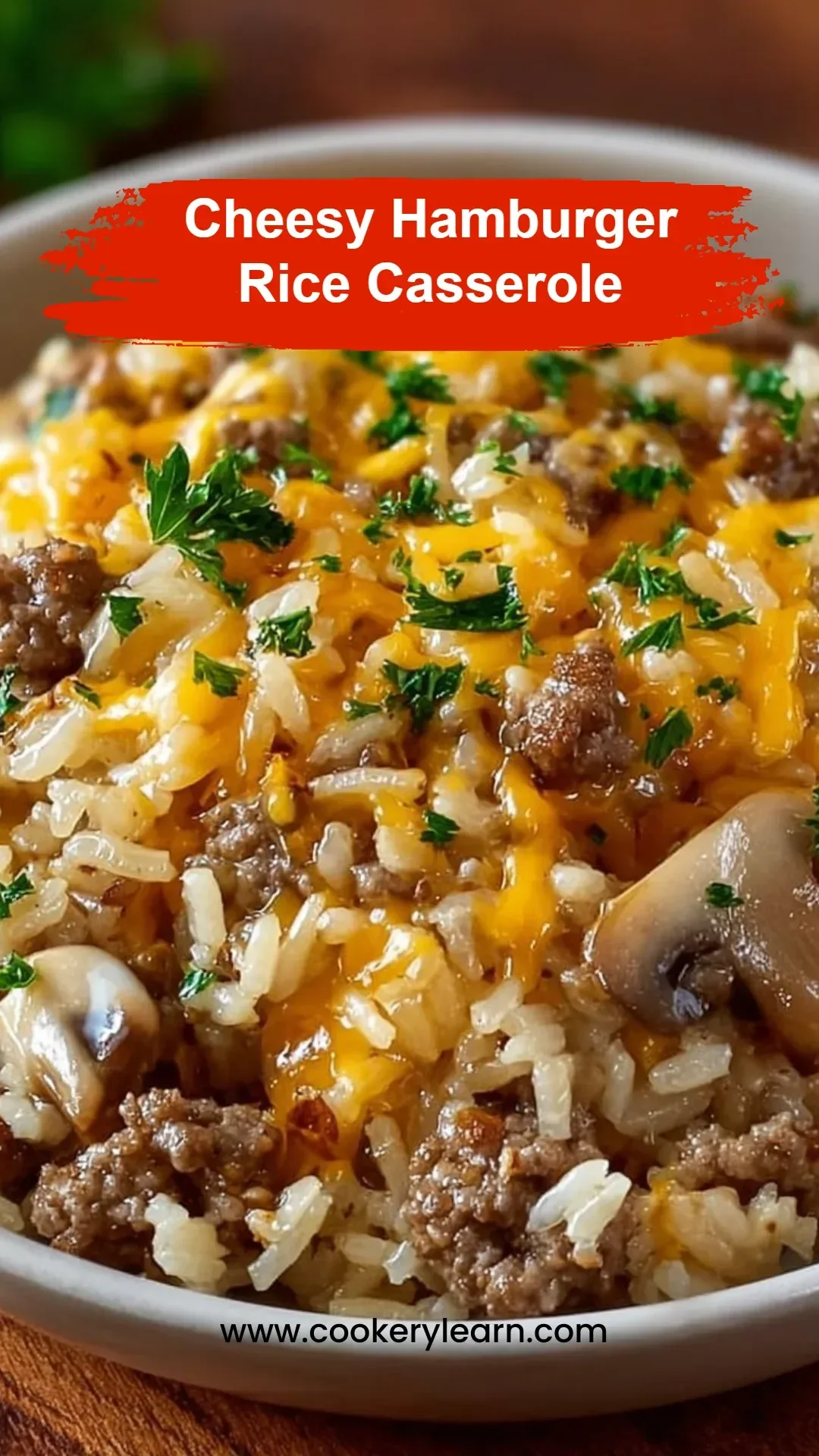 Cheesy Hamburger Rice Casserole made with ground beef, cheese, and rice