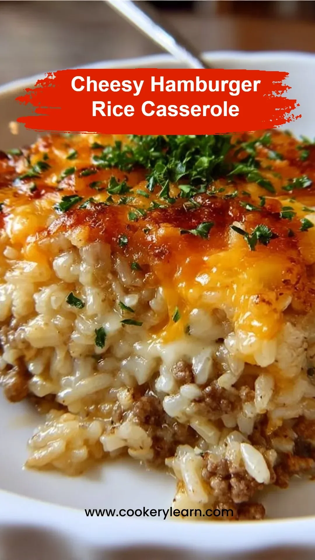 Cheesy Hamburger Rice Casserole dish served in a baking dish