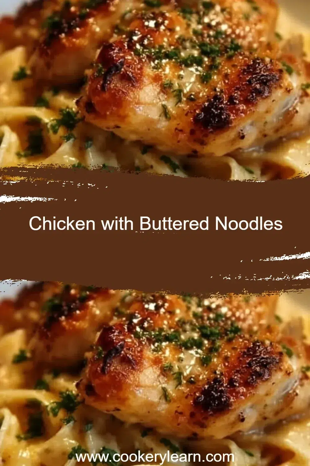 Delicious plate of chicken served with buttered noodles garnished with herbs