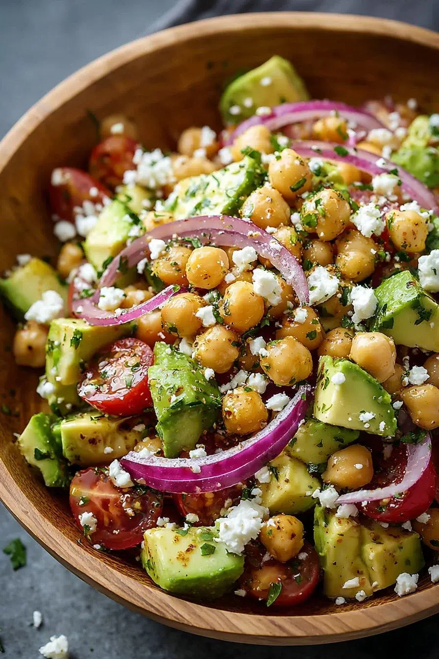 Chickpea Feta Avocado Salad with fresh vegetables and herbs