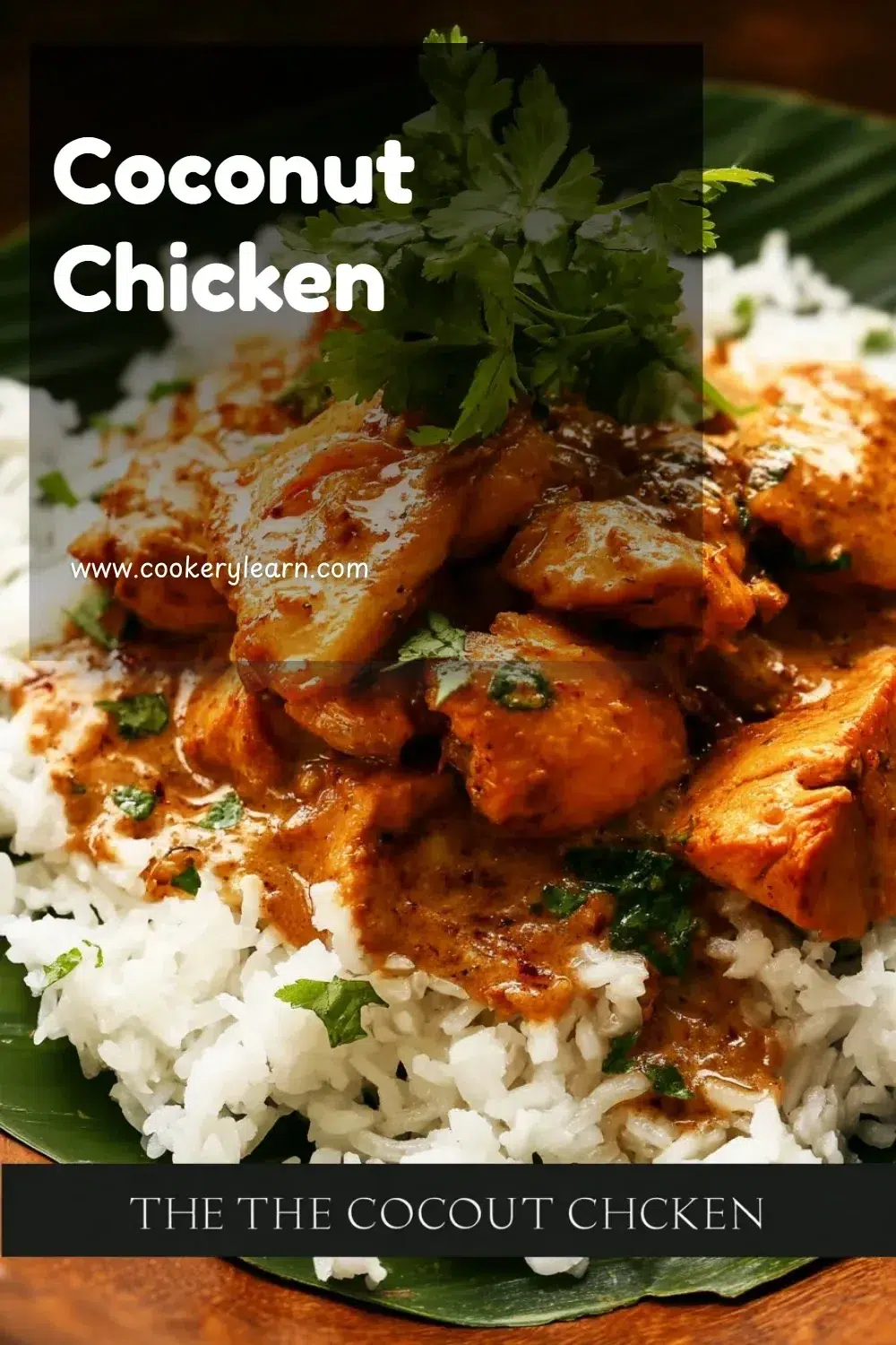 Dish of Coconut Chicken served with tropical vegetables and garnished with herbs.