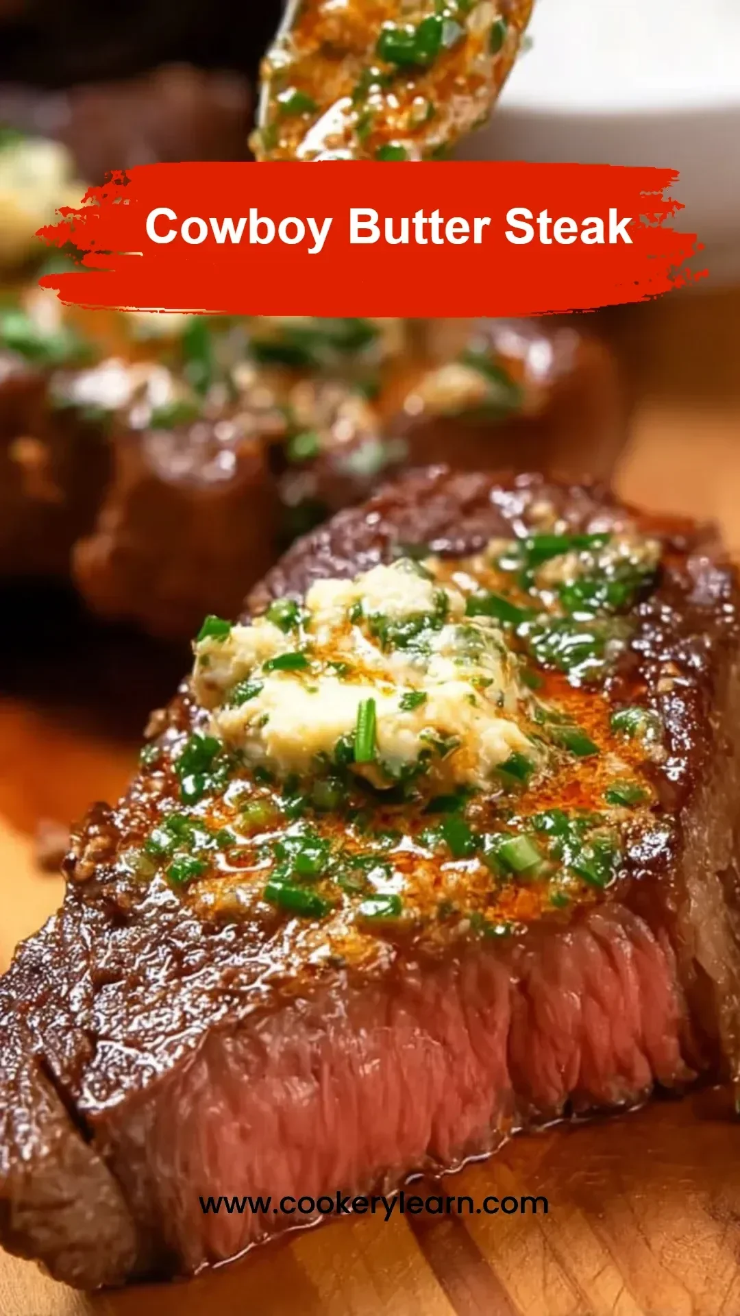 Delicious Cowboy Butter Steak served on a grill plate